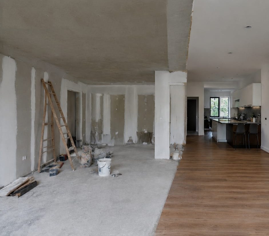 Salón en obra, interior sin acabar